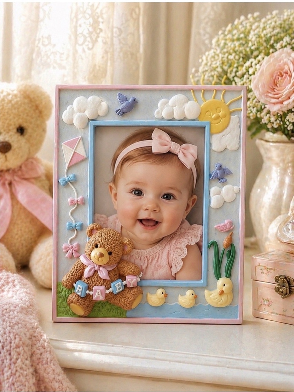 ROMAN Lullaby Baby Picture Frame 3D Teddy Bear Nursery Decor Vintage Gifts NIB